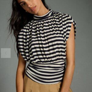 Anthropologie Maeve Ruched Mock-Neck Muscle Tee Navy/White XSP